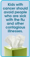 Kids with cancer should avoid people who are sick with the flu and other contagious illnesses.
