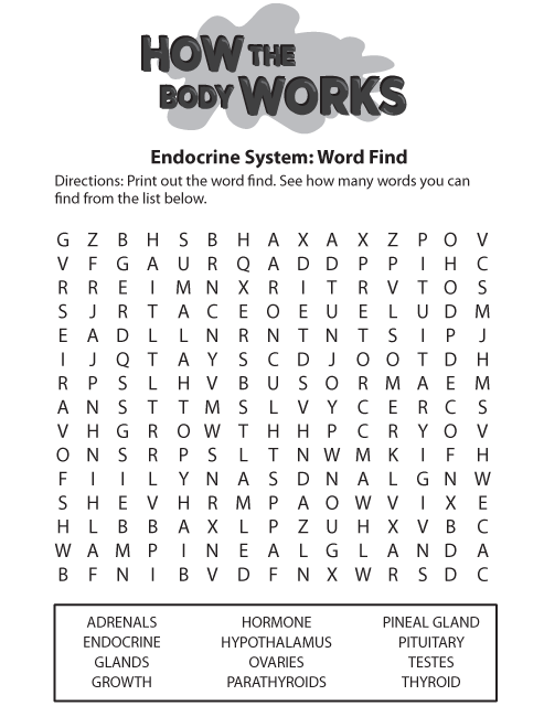How the Body Works Endocrine System Word Find. This page was designed to be printed. We are working on creating an accessible version.