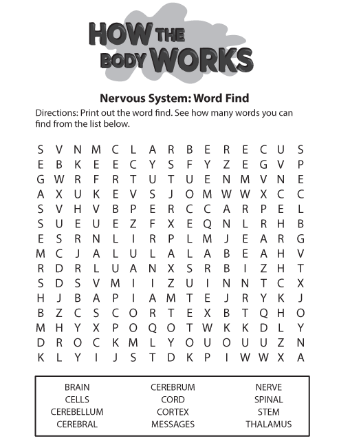 How the Body Works Nervous System Word Find. This page was designed to be printed. We are working on creating an accessible version.