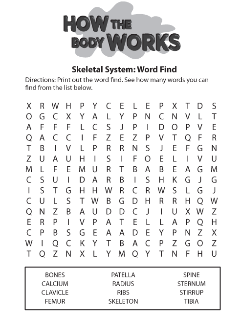 How the Body Works Skeletal System Word Find. This page was designed to be printed. We are working on creating an accessible version.